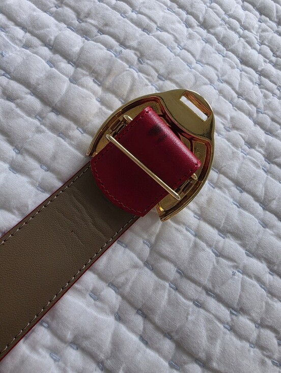 Vintage Liz Claiborne Red Leather Statement Belt | Gold Sculptural Buckle Large main image 8
